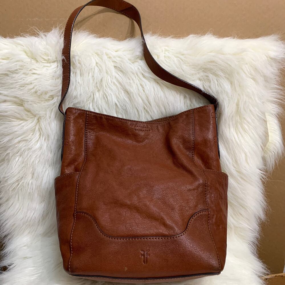 FRYE Vintage Deep Cognac Brown Leather Bucket Hobo Shoulder Bag - Picture 14 of 16